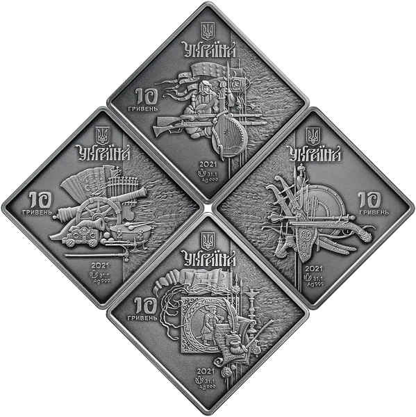 Аверс монети Набір з чотирьох срібних пам`ятних монет "Козацькі клейноди" у дерев`яному футлярі