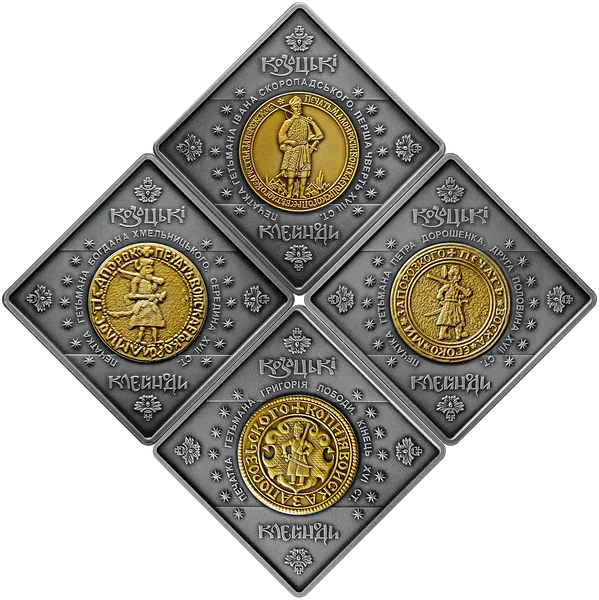 Реверс монети Набір з чотирьох срібних пам`ятних монет "Козацькі клейноди" у дерев`яному футлярі