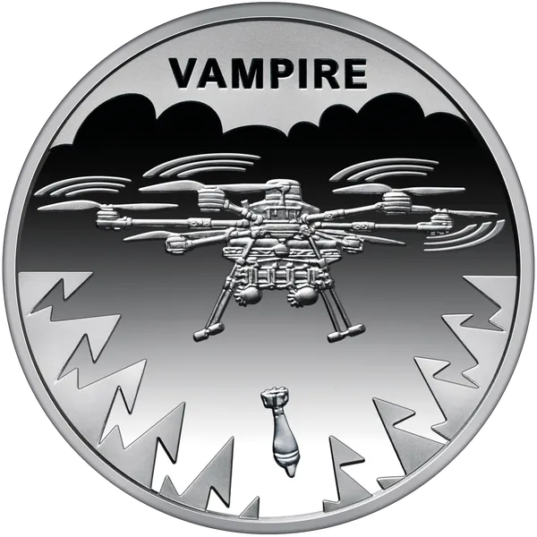 Реверс монеты 'Украинский хлопок. БПЛА "Vampire" ` в сувенирной упаковке