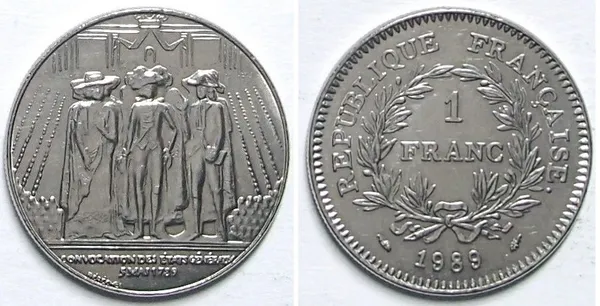 Продам пам'ятну монету Франції 1 франк за 1989 рік "200 років генеральним штатам" 1